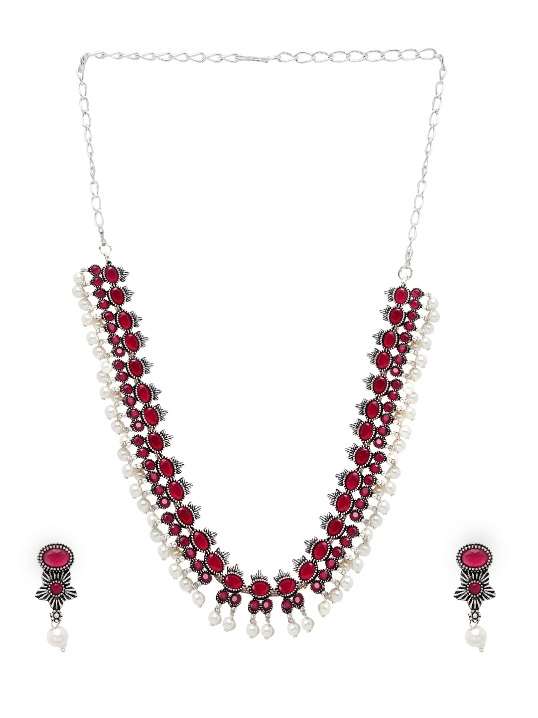 YouBella Jewellery Oxidised Silver Necklace Jewellery Set with Earrings for Girls and Women (Red) (YBNK_50524)